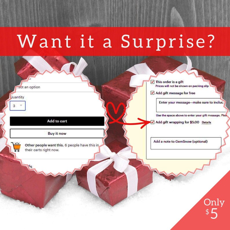 Alt text (234 characters):

“Three red gift boxes in snow with ‘Want it a Surprise?’ overlay, circled callouts showing Etsy gift wrapping & gift message options for only $5. Ideal Pagan macabre Christmas gift and adult crystal advent calendar countdown, Krampus style.”