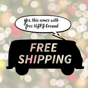 Black van silhouette with gradient “FREE SHIPPING” text and “Yes, this comes with free USPS Ground” speech bubble on festive bokeh background, promoting free shipping on pagan gothic macabre crystal advent Krampus countdown calendar.