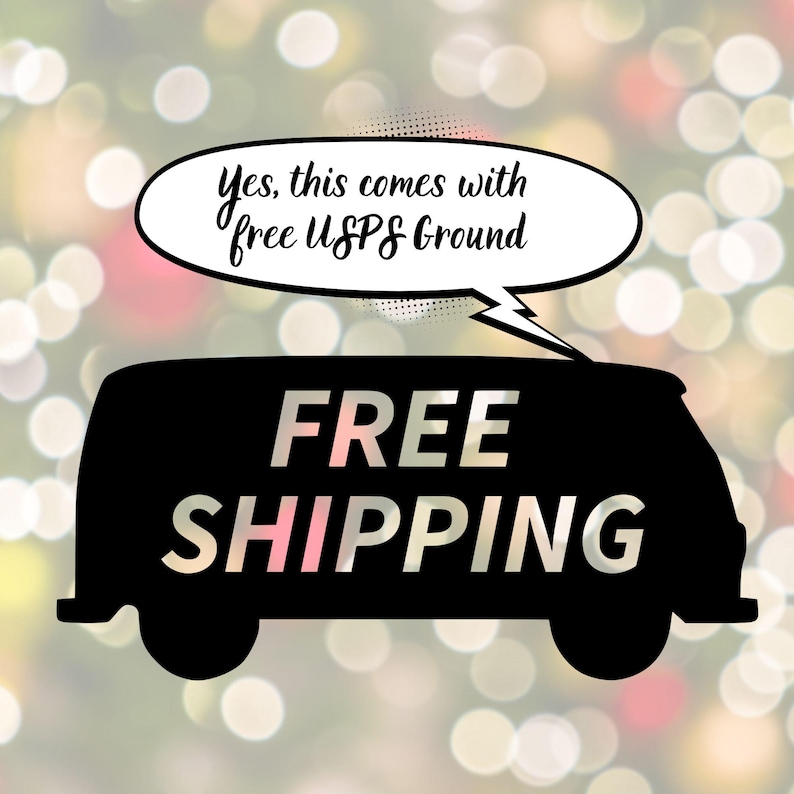 Black van silhouette with gradient “FREE SHIPPING” text and “Yes, this comes with free USPS Ground” speech bubble on festive bokeh background, promoting free shipping on pagan gothic macabre crystal advent Krampus countdown calendar.