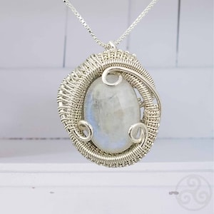 Moonstone Pendant Wire Wrapped in Silver | Triskelion Necklace | 100% Natural | Boho Chic Jewelry, Rainbow Moon Stone, June Birthstone Gift