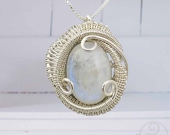Moonstone Pendant Wire Wrapped in Silver | Triskelion Necklace | 100% Natural | Boho Chic Jewelry, Rainbow Moon Stone, June Birthstone Gift