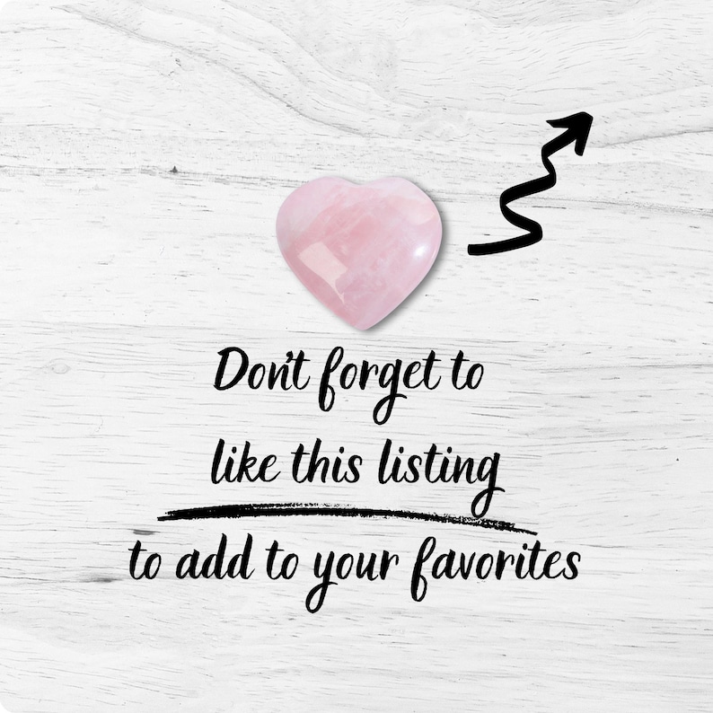 Rose quartz heart on white wood background with a black arrow and playful “Don’t forget to like this listing to add to your favorites” text, ideal for a crystal advent calendar, adult countdown, pagan macabre Gothic Christmas gift.