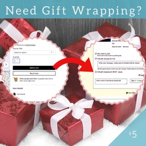 May include: A red gift box with a white ribbon and bow. The box is sitting on a white surface. The text "Need Gift Wrapping?" is at the top of the image. The image also includes a screenshot of an Etsy shop listing for gift wrapping services.
