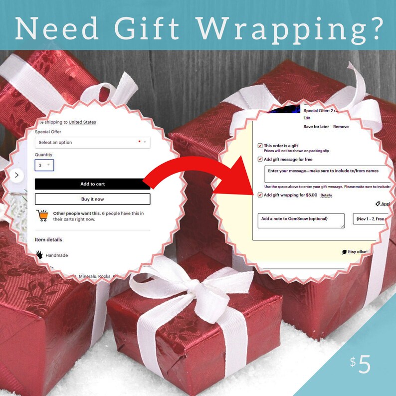 May include: A red gift box with a white ribbon and bow. The box is sitting on a white surface. The text "Need Gift Wrapping?" is at the top of the image. The image also includes a screenshot of an Etsy shop listing for gift wrapping services.