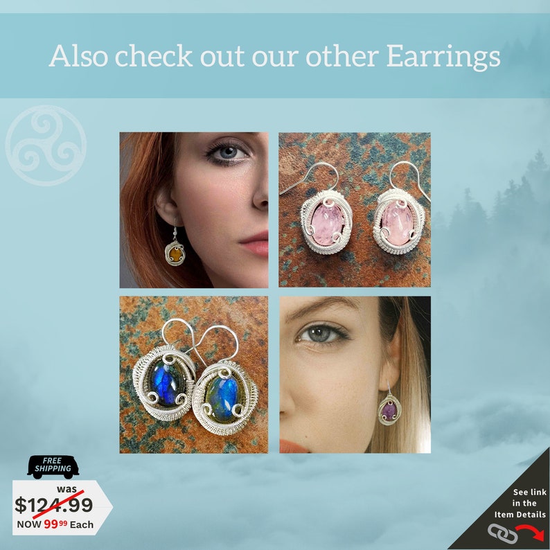 May include: Four pairs of silver wire wrapped earrings with different colored gemstones. The earrings feature a variety of colors, including pink, blue, purple, and yellow. The earrings are shown on a model's ear and on a wooden surface.