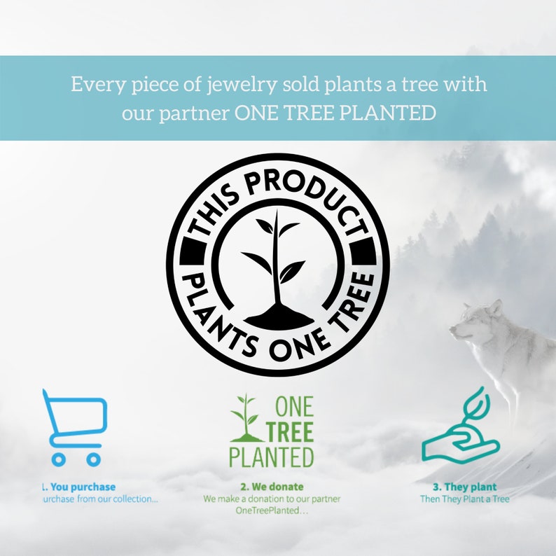 May include: A black and white illustration of a tree with the text "This Product Plants One Tree" around it. Below the illustration are three icons: a shopping cart, a tree with the text "One Tree Planted", and a hand planting a tree. The text "Every piece of jewelry sold plants a tree with our partner ONE TREE PLANTED" is at the top of the image.