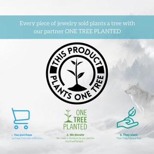 May include: A black and white illustration of a tree with the text "This Product Plants One Tree" around it. Below the illustration are three icons: a shopping cart, a tree with the text "One Tree Planted", and a hand planting a tree. The text "Every piece of jewelry sold plants a tree with our partner ONE TREE PLANTED" is at the top of the image.