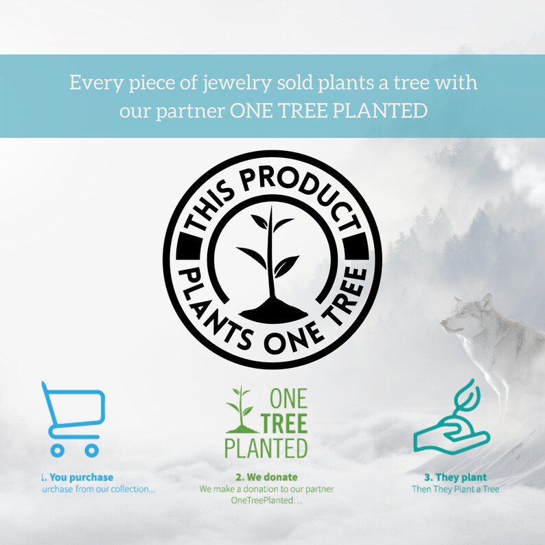 May include: A black and white illustration of a tree with the text "This Product Plants One Tree" around it. Below the illustration are three icons: a shopping cart, a tree with the text "One Tree Planted", and a hand planting a tree. The text "Every piece of jewelry sold plants a tree with our partner ONE TREE PLANTED" is at the top of the image.