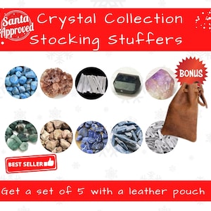 May include: A collection of crystals in various colors and shapes, including blue, brown, black, and purple stones. The image includes a bonus leather pouch and text that reads "Crystal Collection Stocking Stuffers."