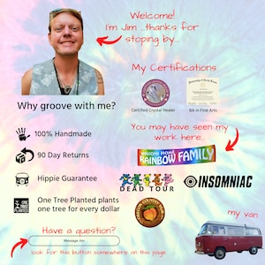 May include: A colorful tie-dye background with text that reads "Welcome! I'm Jim...thanks for stopping by..." and "Why groove with me?"  The image also includes a photo of a man, a variety of logos and text, and a red and white Volkswagen van.
