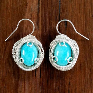 Amazonite Wire Wrapped Earrings | 100% Natural Stone | Crystal & Gemstone Filigree Silver Drop Hook Earrings… Dainty Celtic Boho Jewelry Earrings