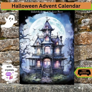 May include: A Halloween advent calendar featuring a spooky haunted house with a full moon and bats flying in the night sky. The house has 30 numbered doors to open each day in October leading up to Halloween.