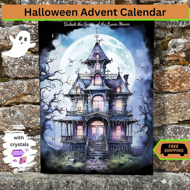 May include: A Halloween advent calendar featuring a spooky haunted house with a full moon and bats flying in the night sky. The house has 30 numbered doors to open each day in October leading up to Halloween.
