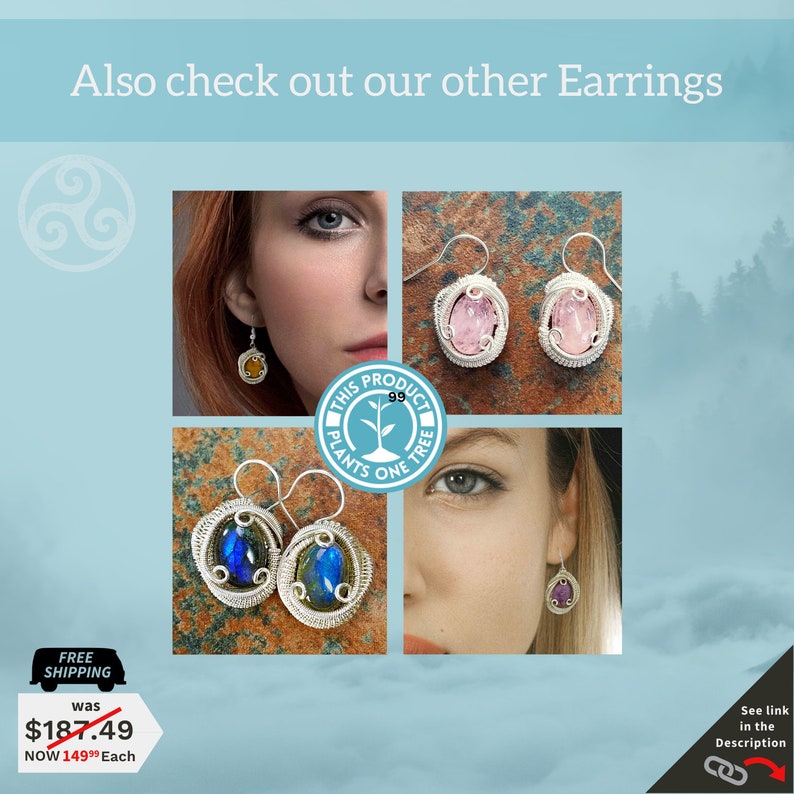 May include: A set of silver wire wrapped earrings with a variety of gemstone cabochons. The earrings feature a pink, blue, and a yellow gemstone. The earrings are shown on a model's ear and on a white background.