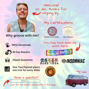 May include: A colourful tie-dye background with text that reads "Welcome! I'm Jim...thanks for stopping by..." and "Why groove with me?"  The image also includes a photo of a man, a variety of logos and text, and a red and white Volkswagen van.