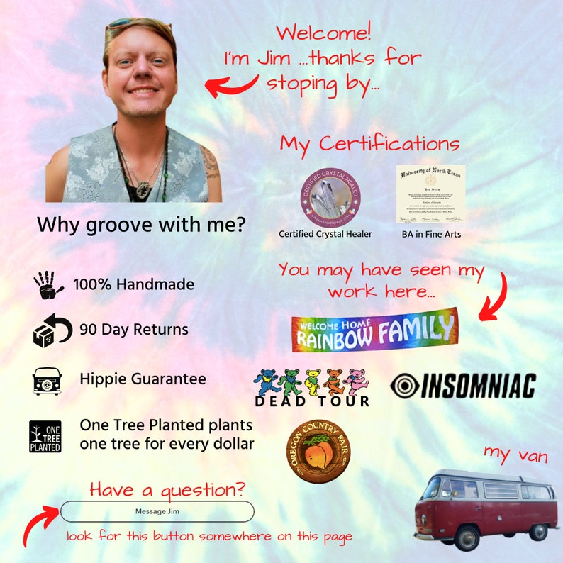 May include: A colourful tie-dye background with text that reads "Welcome! I'm Jim...thanks for stopping by..." and "Why groove with me?"  The image also includes a photo of a man, a variety of logos and text, and a red and white Volkswagen van.