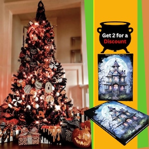 May include: A black and orange Halloween tree decorated with ornaments, candy canes, and lights. The tree is surrounded by wrapped gifts with a black and white pattern. A black cauldron with the text "Get 2 for a Discount" is in the upper right corner of the image. Two images of a haunted house with a full moon are below the cauldron. The text "Unlock the Spirit of the Season" is above the haunted house images.
