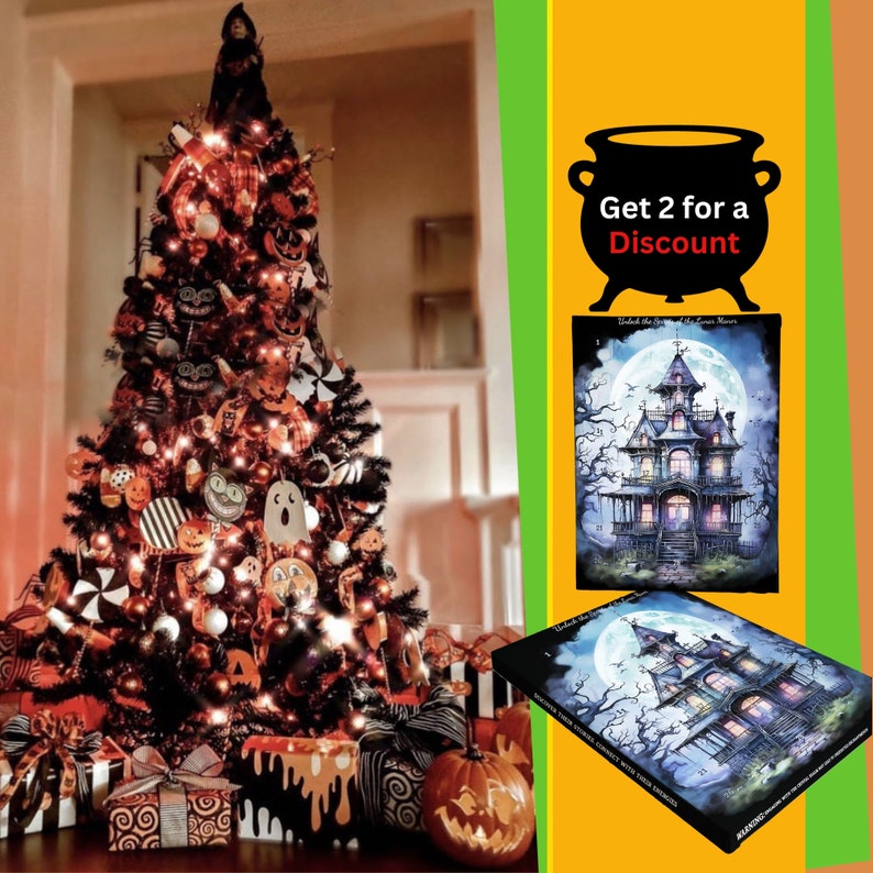 May include: A black and orange Halloween tree decorated with ornaments, candy canes, and lights. The tree is surrounded by wrapped gifts with a black and white pattern. A black cauldron with the text "Get 2 for a Discount" is in the upper right corner of the image. Two images of a haunted house with a full moon are below the cauldron. The text "Unlock the Spirit of the Season" is above the haunted house images.