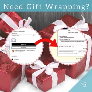May include: Two red gift boxes with white ribbon bows. A screenshot of an Etsy shop checkout page shows options for gift wrapping and a gift message. The text on the page reads "Need Gift Wrapping?" and "Add gift wrapping for &pound;5.00".