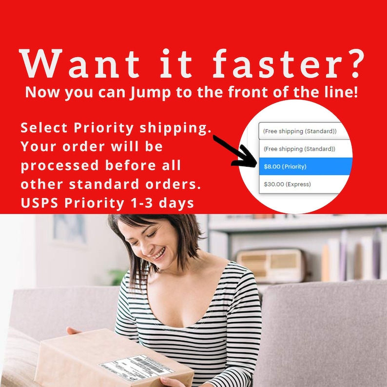 Crystal Advent Calendar priority shipping graphic: bold red “Want it faster? Jump to the front of the line! Select Priority shipping. USPS Priority 1–3 days” arrow to $8 option, with smiling woman unpacking her adult pagan, macabre gothic Krampus Christmas gift.