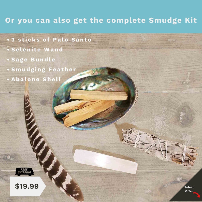 May include: A complete smudge kit with three sticks of Palo Santo, a selenite wand, a bundle of sage, a feather, and an abalone shell. The kit is arranged on a wooden surface. "Free Shipping" and "$19.99" are visible in the image.