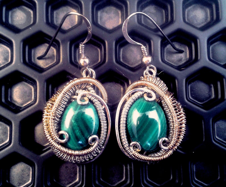 Boho Wedding, Triskelion Earrings Yoga Jewelry Festival Fashion Malachite Earrings Wire Wrapped in Silver and Rose Gold