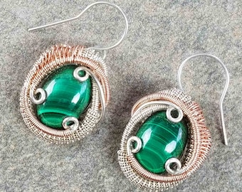 Malachite Gemstone Earrings | Wire Wrapped Drop & Dangle Green Spiral Earrings in Silver and Rose Gold | Boho Handmade Jewelry