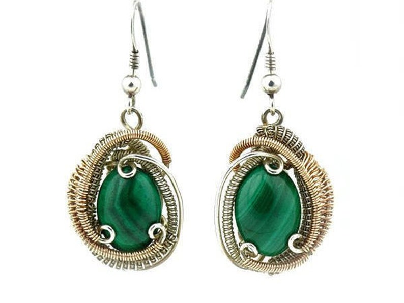 Boho Wedding, Triskelion Earrings Yoga Jewelry Festival Fashion Malachite Earrings Wire Wrapped in Silver and Rose Gold