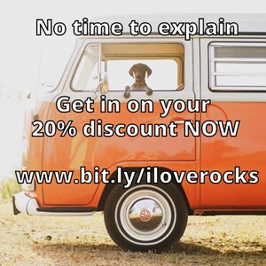 May include: A bright orange vintage van with a dog looking out the window. The van has the text "No time to explain. Get in on your 20% discount NOW. www.bit.ly/ilove rocks" on it.