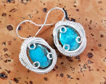 Turquoise Wire Wrapped Earrings | 100% Natural Stone | Crystal & Gemstone Filigree Silver Drop Hook Earrings… Dainty Celtic Boho Jewelry