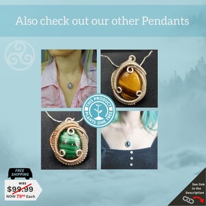 May include: Four silver wire wrapped pendants with different gemstones. The pendants are displayed on a light blue background with a white border. The gemstones are tiger's eye, malachite, blue topaz, and a third gemstone that is not identifiable. The text "This product plants one tree" is displayed in a circle with a green plant icon. The text "See link in the description" is displayed with a chain link icon.