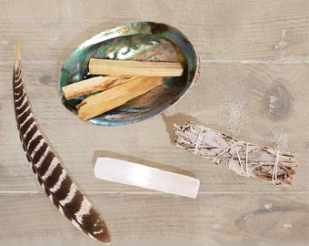 Smudge Kit | Sage Bundle, Palo Santo Incense Sticks, Selenite Wand, Feather & Abalone Shell | 100% Anxiety Relief Aromatherapy | Boho Decor