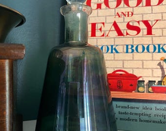 Vintage Emerald Green Glass Decanter with Stopper | Mid Century Barware Shelf Decor