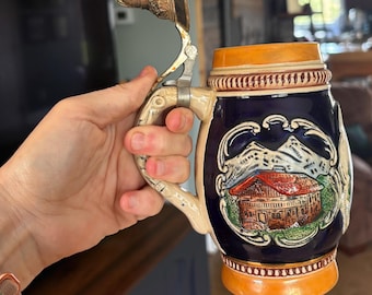 Vintage German Beer Stein With Pewter Lid Hand Painted Ceramic Stein Lidded Mug Barware Oktoberfest Decor Collectible