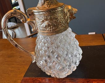 Jarra para crema con cabeza de león, chapada en plata antigua, jarra de sirope de cristal tallado, decoración rústica.