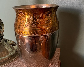 Vintage Silverplate Brass Vase, Etched Floral Rim, Hollywood Regency Mid Century Boho Decor