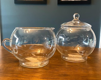 Princess House Heritage Etched Glass Creamer And Sugar Bowl Set With Lid Vintage Floral Glassware