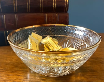 Vintage Cut Crystal Bowl With Gold Rim Mid Century Glass Serving Bowl