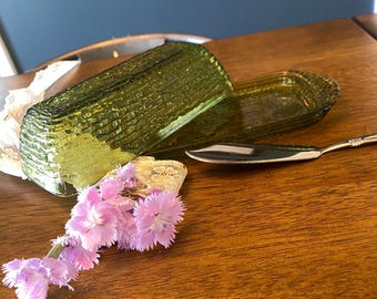 Vintage Anchor Hocking Soreno Avocado Green Butter Dish Textured Glass Mid Century Kitchen Decor