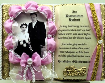 Deko-Buch Diamantene Hochzeit für Foto rosa/weiß/gold (mit Holz-Buchständer)