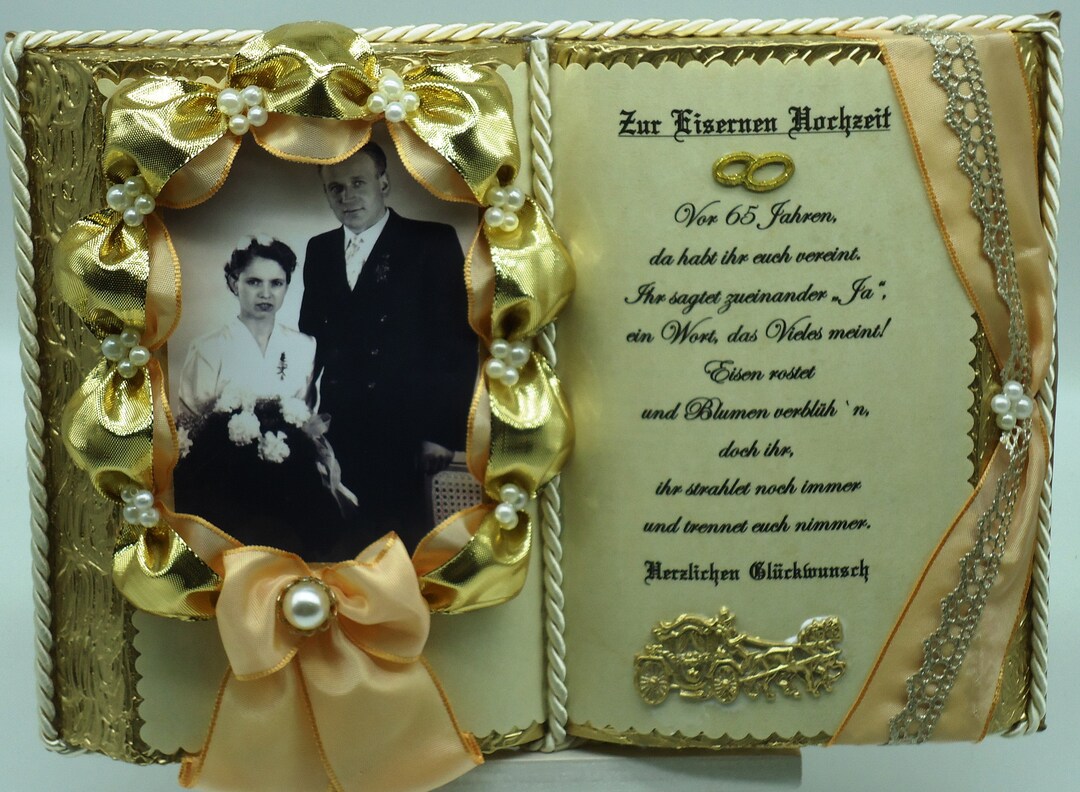 Eiserne Hochzeit 65jähriges Ehejubiläum Dekobuch für Foto mit Holz