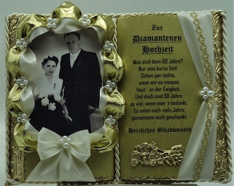 Deko-Buch creme/gold zur Diamantenen Hochzeit für Foto mit Holz-Buchständer