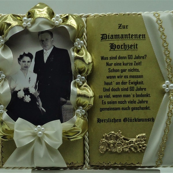 Deko-Buch creme/gold zur Diamantenen Hochzeit für Foto mit Holz-Buchständer