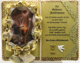 Goldene Konfirmation, 50-jähriges Firmjubiläum, Deko-Buch mit Holzbuchständer