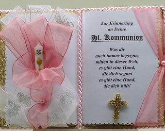 Wunderschönes, handgefertigtes Dekobuch zur Kommunion, rosa (mit Holz-Buchständer)