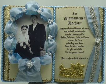 Blaues Deko-Buch zur Diamantenen Hochzeit für Foto (mit Holz-Buchständer)