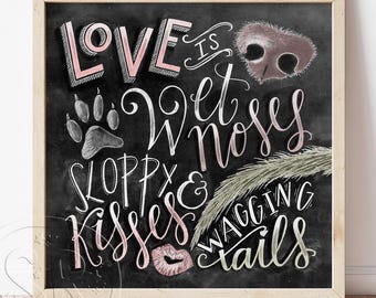 Love Is Wet Noses Sloppy Kisses Wagging Tails, Dog Lover Gift, Chalkboard Art, Dog Quote Sign, Dog Owner Art, Pet Owner Sign, Rustic Dog Art