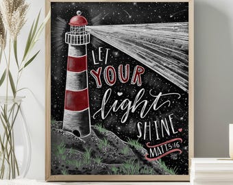 Let Your Light Shine Chalk Art Print, Coastal Lighthouse Wall Decor, Nautical Night Sky Drawing, Inspirational Christian Art, Scripture Art