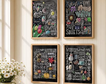 Four Seasons Art Set, 4 Seasons Wall Art, Chalkboard Drawings, Rustic Farmhouse Wall Decor, Prints