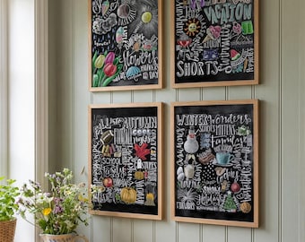 Four Seasons Art Set, 4 Seasons Wall Art, Chalkboard Drawings, Rustic Farmhouse Wall Decor, Prints